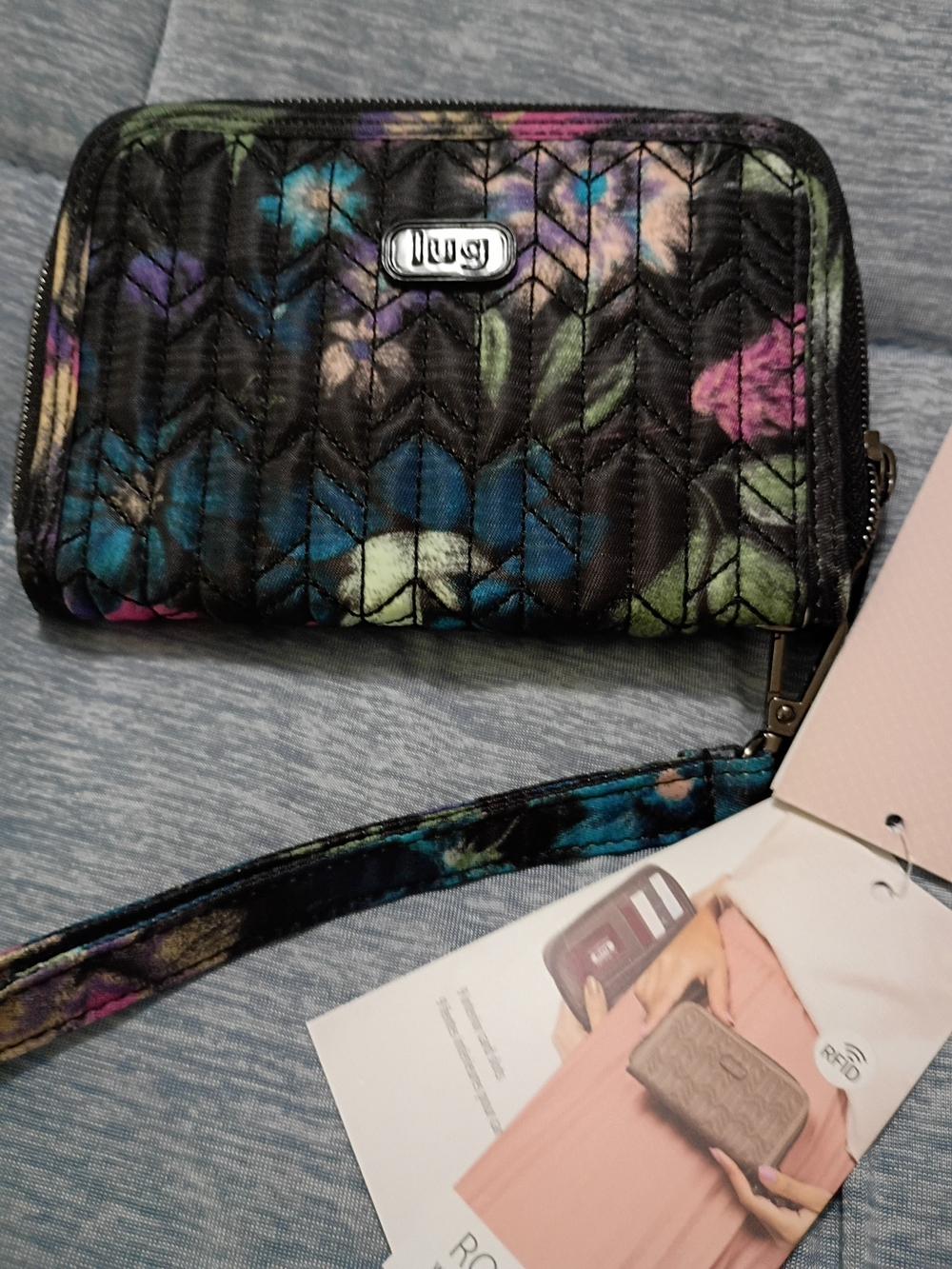 lug Quilted Black Floral Wristlet Wallet with Multicolor Flowers